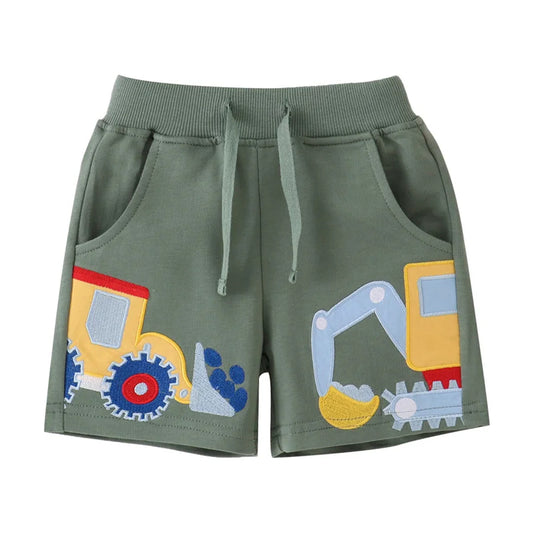 Barnshorts med grävmaskinstryck - mjuka sommarshort för pojkar och flickor med dragsko