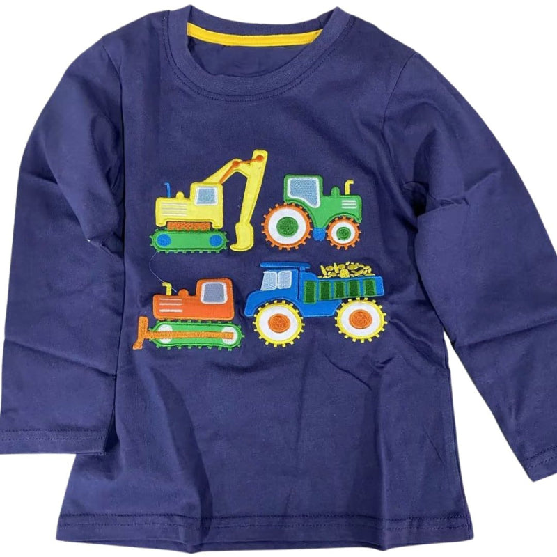 Långärmad Barn T-shirt i 100% bomull – Motiv grävmaskin, traktor, buldozer, lastbil