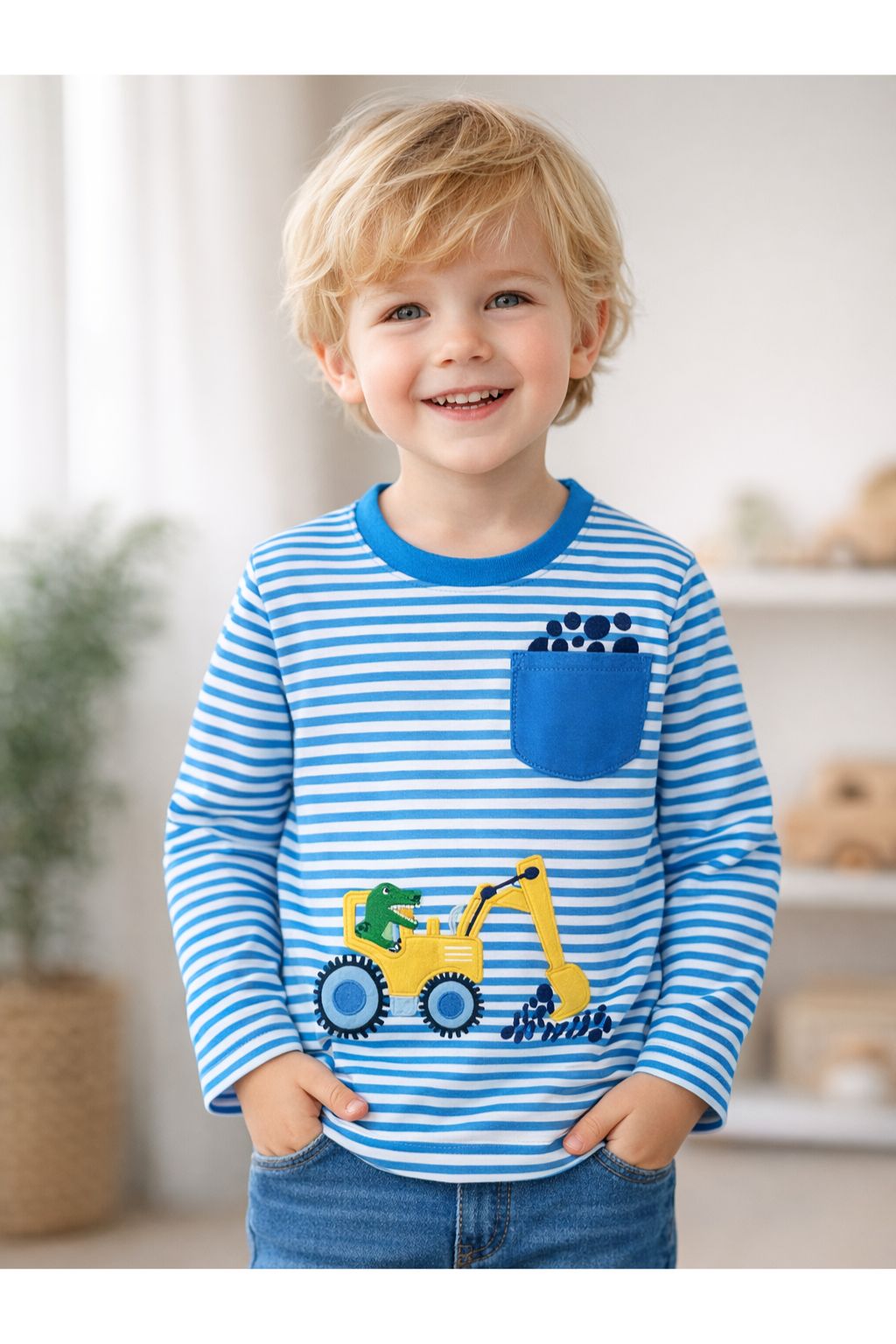 Långärmad Barn T-shirt i 100% bomull – med rolig gul traktorgrävare