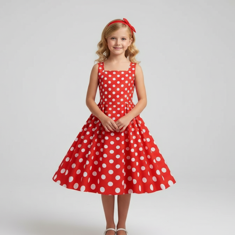 Barn Retroklänning Sommar Prinsessa Ärmlös Prickig Bomull 50-tals