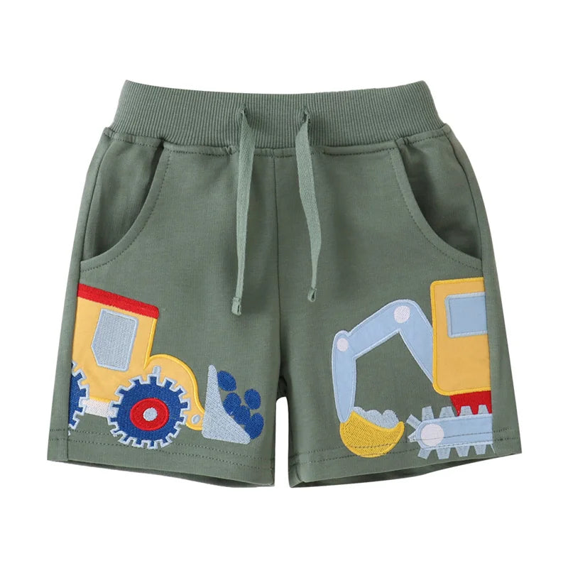 Barnshorts med grävmaskinstryck - mjuka sommarshort för pojkar och flickor med dragsko
