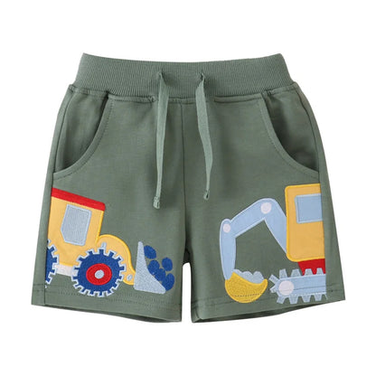 Barnshorts med grävmaskinstryck - mjuka sommarshort för pojkar och flickor med dragsko