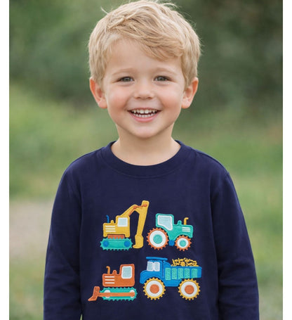 Långärmad Barn T-shirt i 100% bomull – Motiv grävmaskin, traktor, buldozer, lastbil