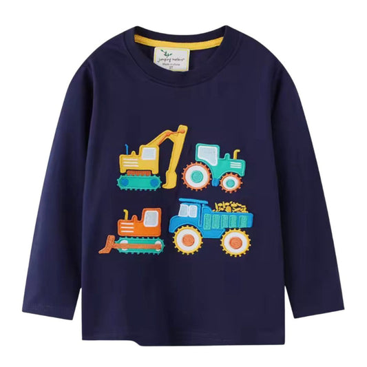 Långärmad Barn T-shirt i 100% bomull – Motiv grävmaskin, traktor, buldozer, lastbil