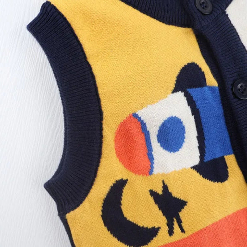 Stickad ärmlös barnkofta med raket- och giraffmotiv – cardigan med knappar för pojkar och flickor