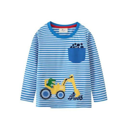Långärmad Barn T-shirt i 100% bomull – med rolig gul traktorgrävare