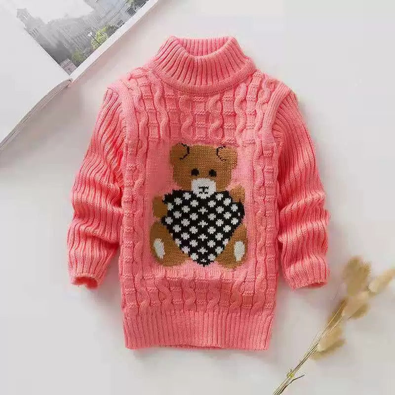 Tjock Stickad Barn Tröja - Polokrage - Halvpolokrage - Tröja - Småbarn - Barnkläder - Nallemotiv på framsidan