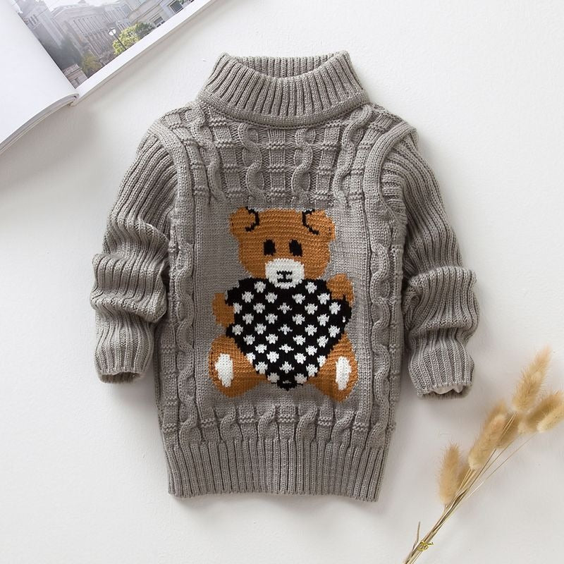 Tjock Stickad Barn Tröja - Polokrage - Halvpolokrage - Tröja - Småbarn - Barnkläder - Nallemotiv på framsidan