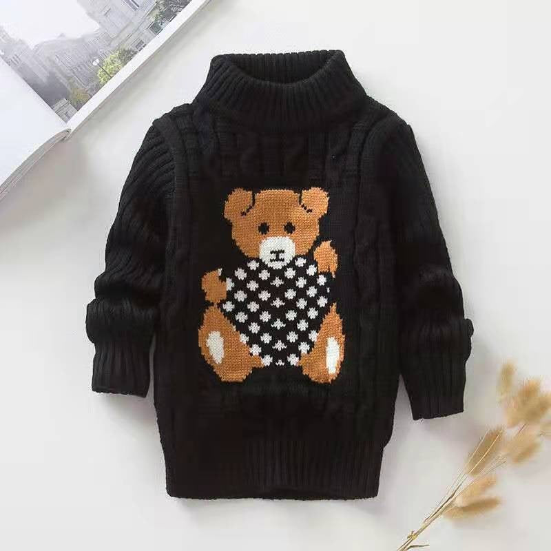 Tjock Stickad Barn Tröja - Polokrage - Halvpolokrage - Tröja - Småbarn - Barnkläder - Nallemotiv på framsidan