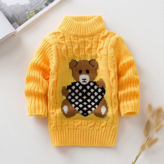 Tjock Stickad Barn Tröja - Polokrage - Halvpolokrage - Tröja - Småbarn - Barnkläder - Nallemotiv på framsidan