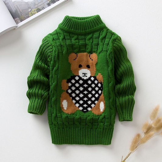 Tjock Stickad Barn Tröja - Polokrage - Halvpolokrage - Tröja - Småbarn - Barnkläder - Nallemotiv på framsidan