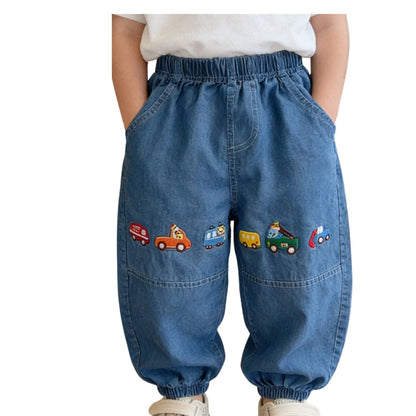 Jeansbyxor barn med resår i midja. Bil Broderi på lårbenet