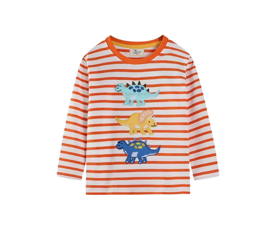 Långärmad Barn T-shirt i 100% bomull – Randig med 3 dino motiv