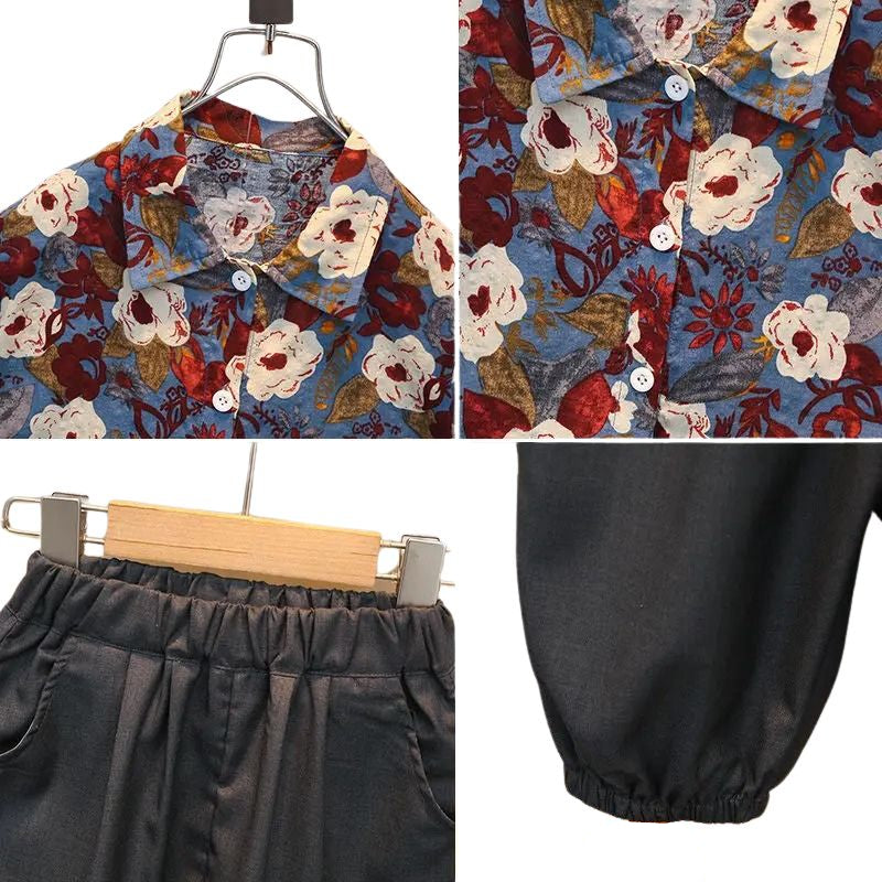 Blommigt sommarset för pojke - skjorta och shorts i bomull