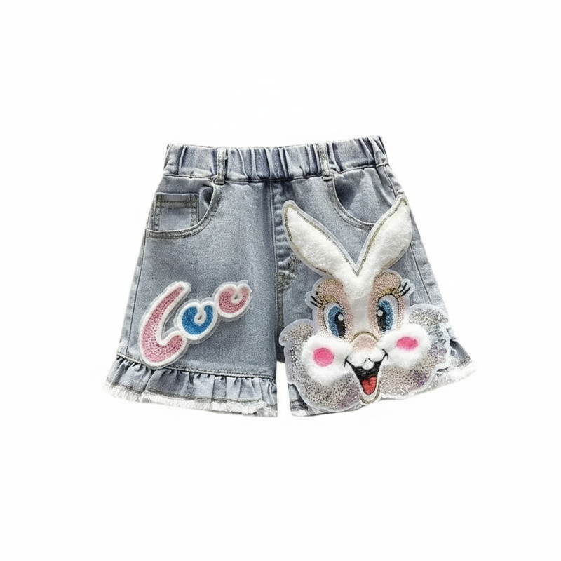 Jeansshorts för flickor med kaninmotiv - elastisk midja och lös passform