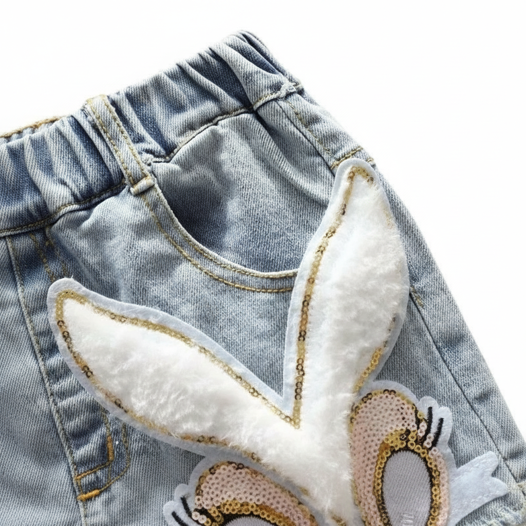 Jeansshorts för flickor med kaninmotiv - elastisk midja och lös passform