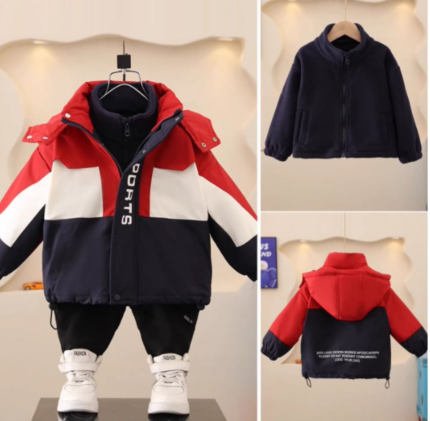 Vinterjacka Barn Röd Vit Blå  med fast Huva tillval  Fleece Tröja