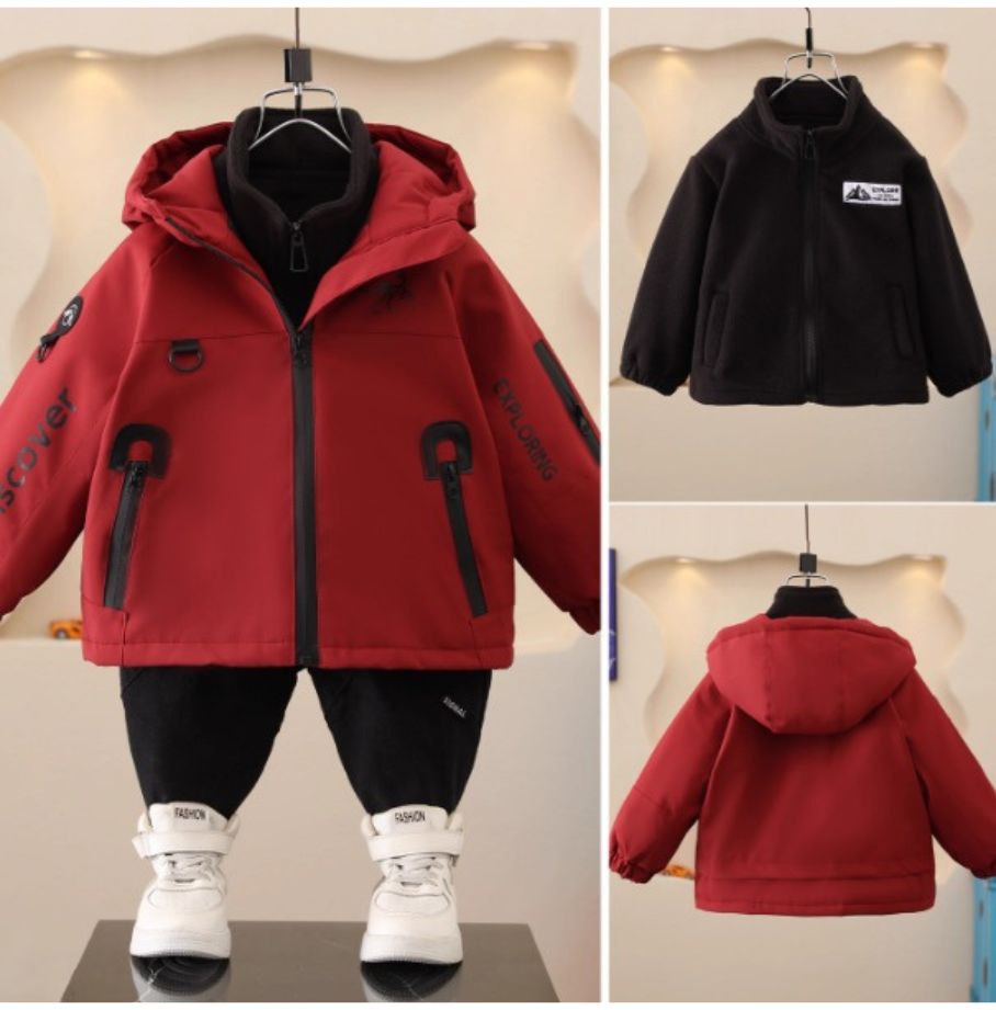 Vinterjacka Barn Röd fast Huva tillval  Fleece Tröja