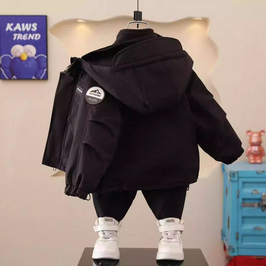 Vinterjacka Barn Svart fast Huva tillval  Fleece Tröja