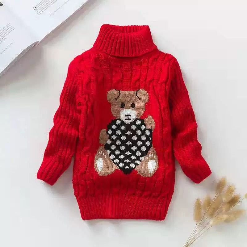 Tjock Stickad Barn Tröja - Polokrage - Halvpolokrage - Tröja - Småbarn - Barnkläder - Nallemotiv på framsidan