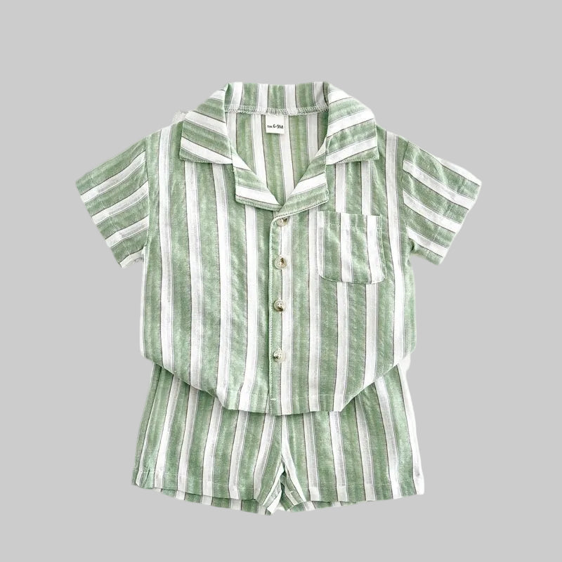 Snyggt och Andningsbart 2-delars Babyset. Kortärmad Tröja + Sportiga Randiga Shorts för Pojkar & Flickor