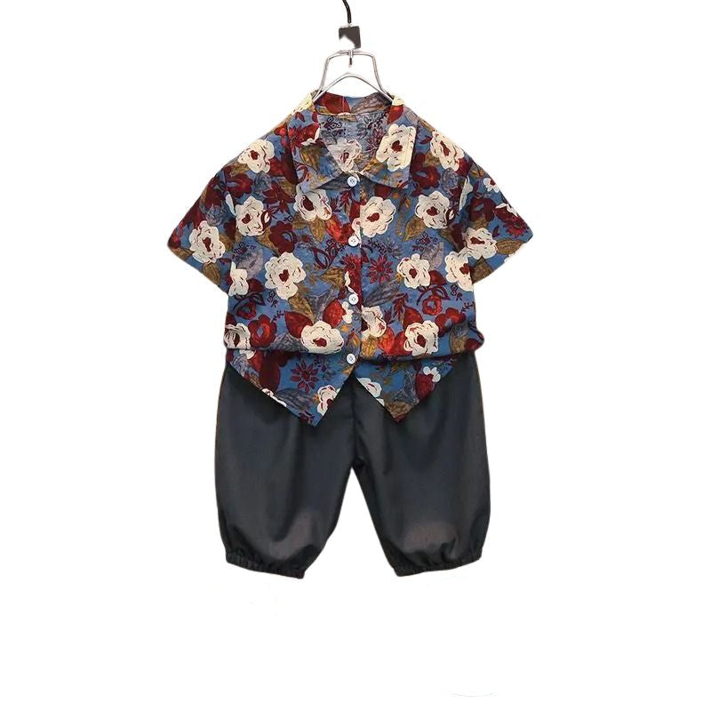 Blommigt sommarset för pojke - skjorta och shorts i bomull