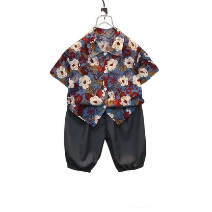 Blommigt sommarset för pojke - skjorta och shorts i bomull