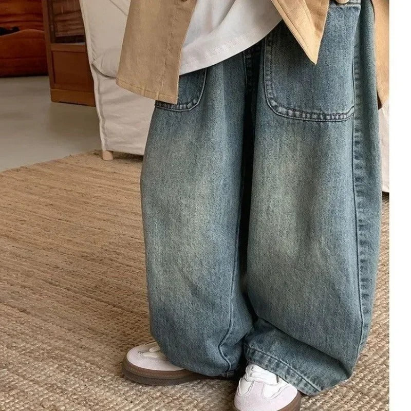Barnjeans i retrostil – lösa raka wide leg-byxor för pojkar och flickor