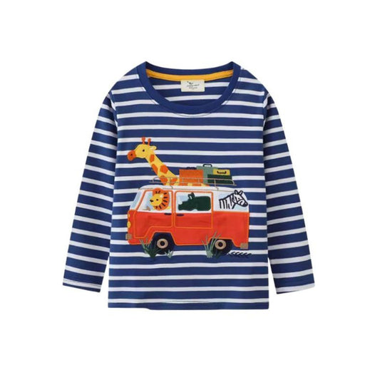 Långärmad Barn T-shirt i 100% bomull – med en buss och djur
