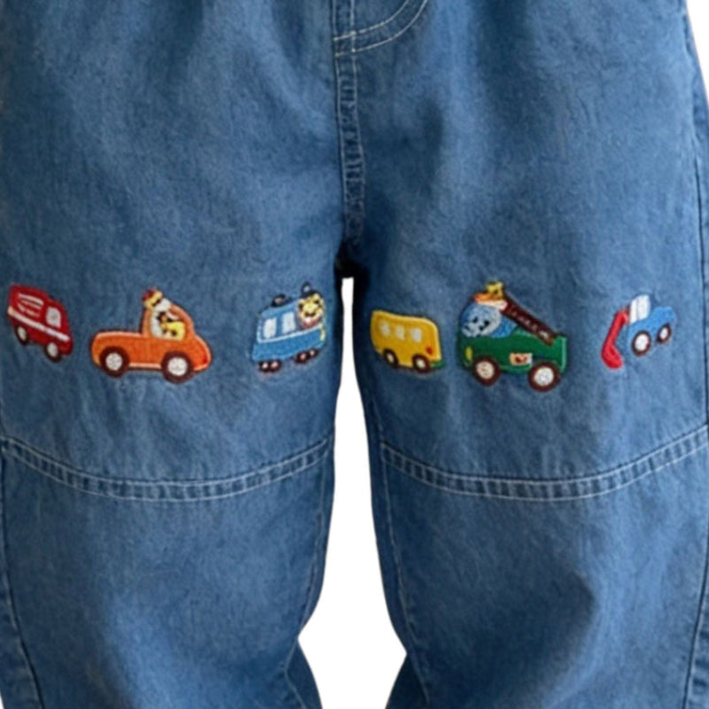 Jeansbyxor barn med resår i midja. Bil Broderi på lårbenet